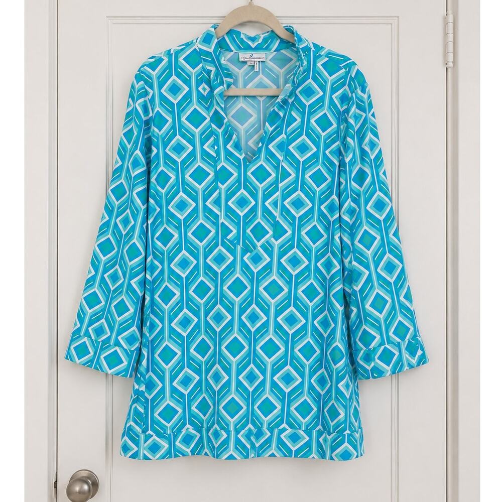 Jude Connally Blue Geometric Tunic Top Large Resort Preppy